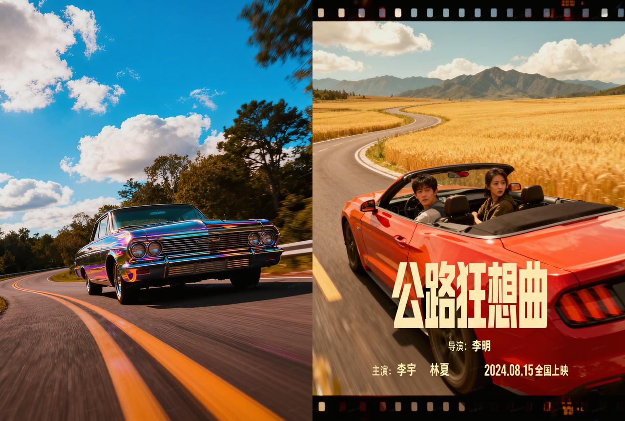 一辆老轿车在弯曲的道路上行驶⚠️/公路片电影海报✅