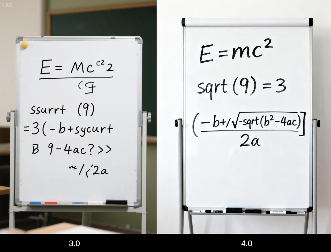 一个白板,上面写着以下方程式:E=mc^2sqrt(9)=3(-b+/-sqrt(b^2-4ac))/2a
