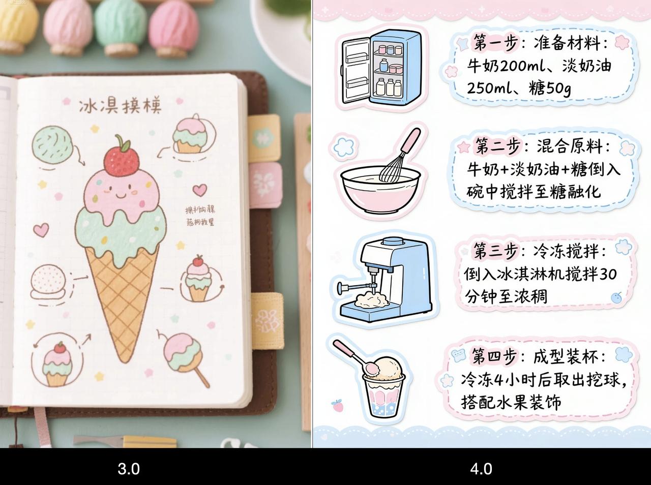 手账风格,出一个冰激凌制作步骤教程图,步骤说明要中文