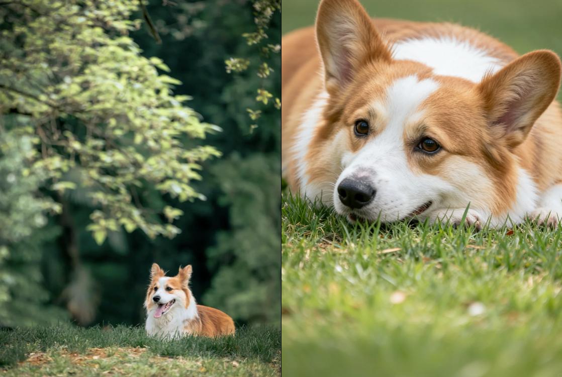 生成狗狗趴在草地上的近景画面